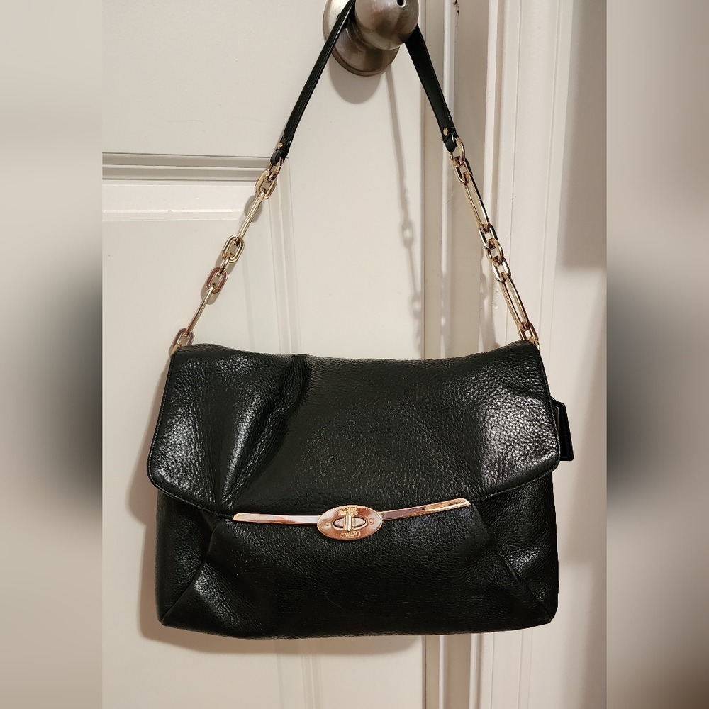 COACH Leather Flap Chain Shoulder Bag Black